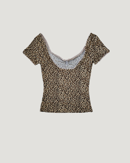 leopard lace point U neck T