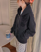 flower motif sweat zip hoodie