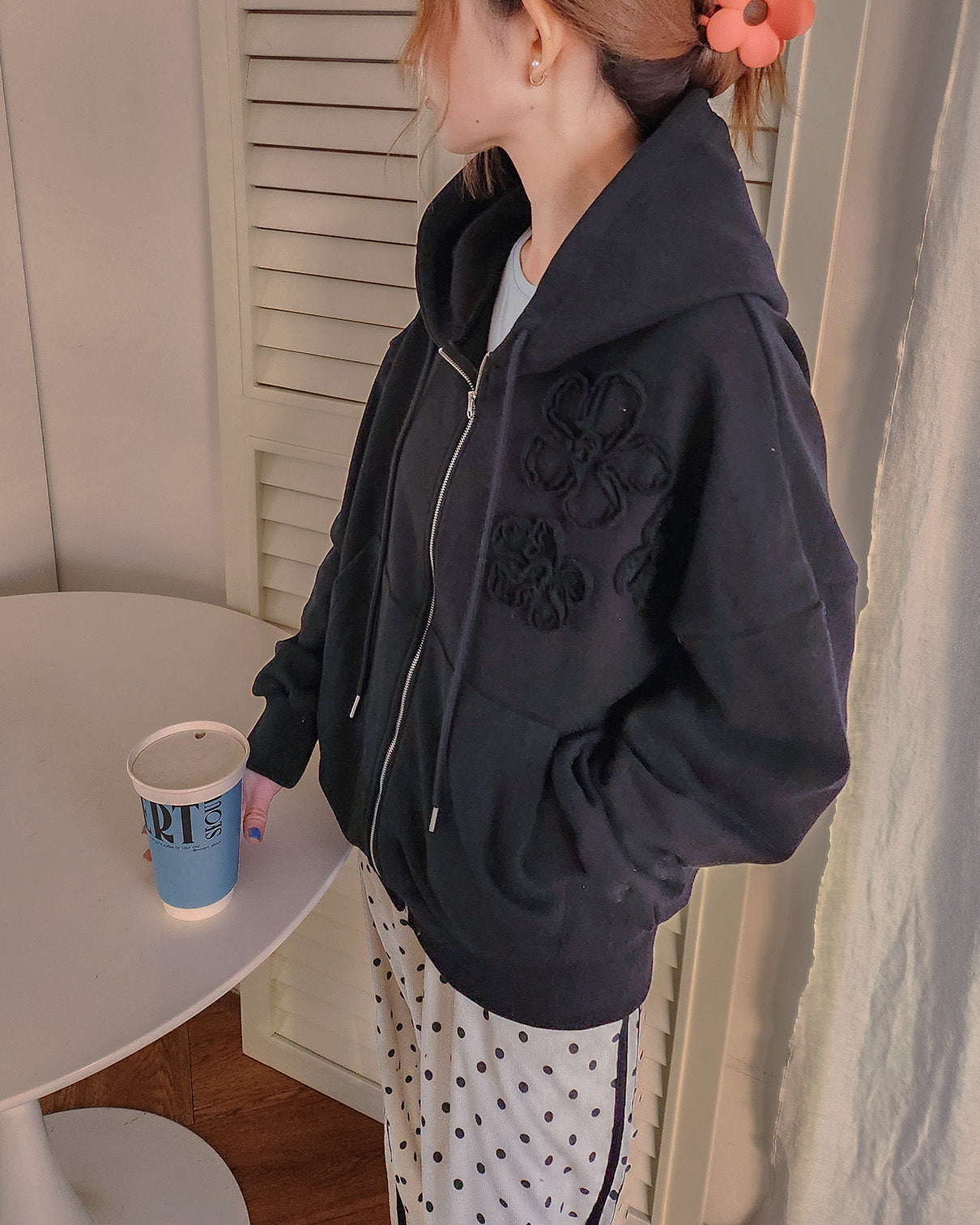 flower motif sweat zip hoodie