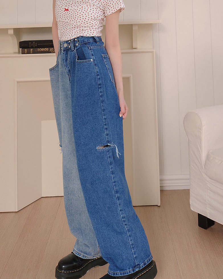 side ripped switching denim