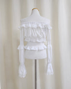 off shoulder shirring flared sleeves blouse