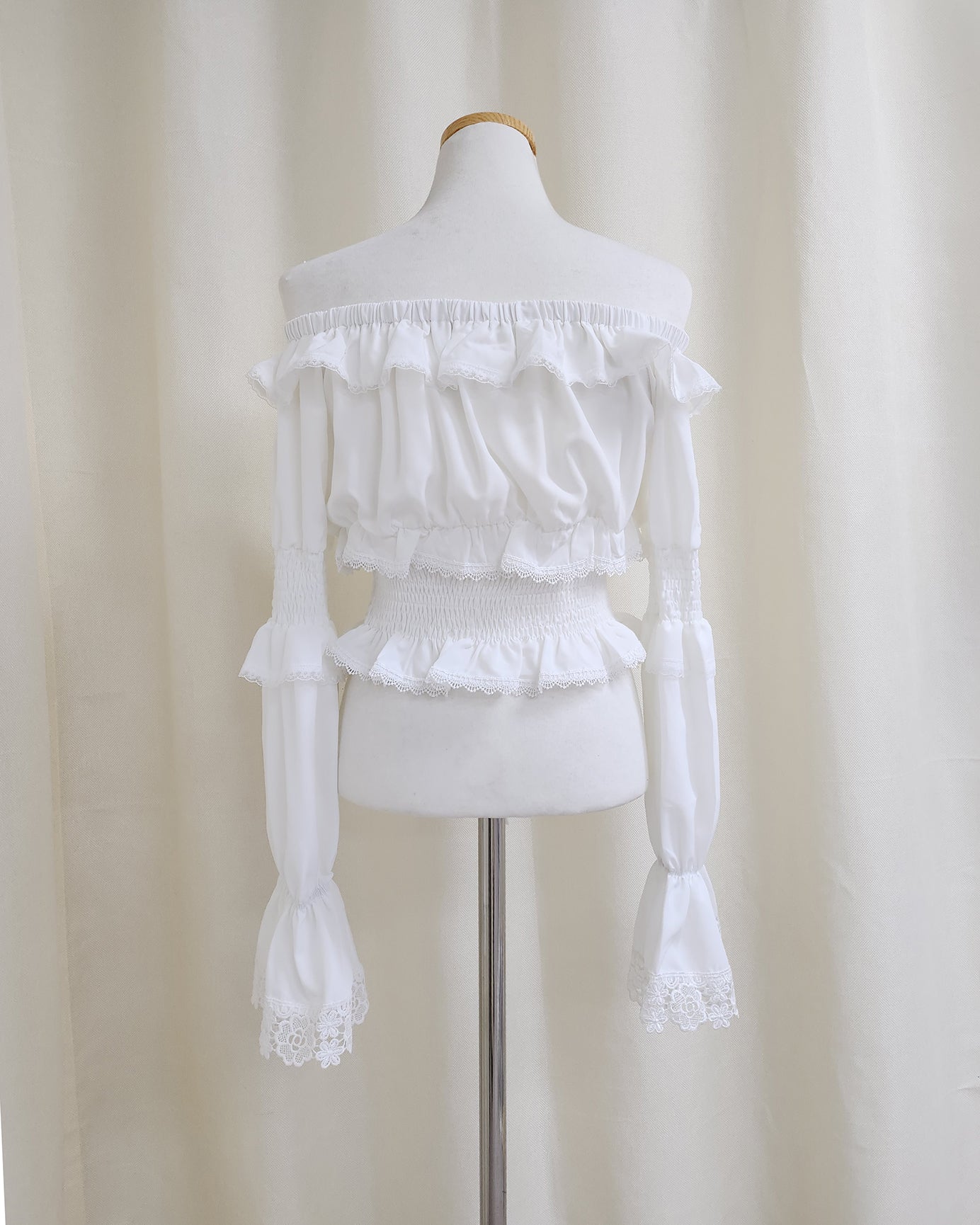 off shoulder shirring flared sleeves blouse