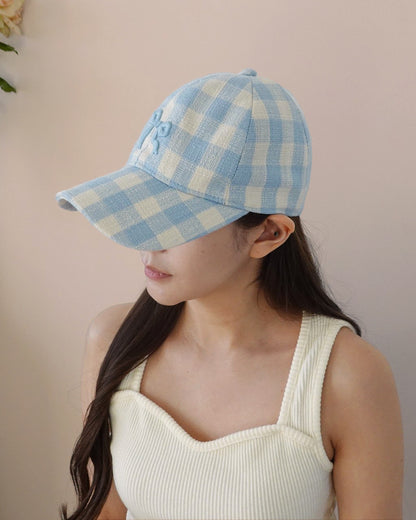 gingham check ribbon embroidery cap