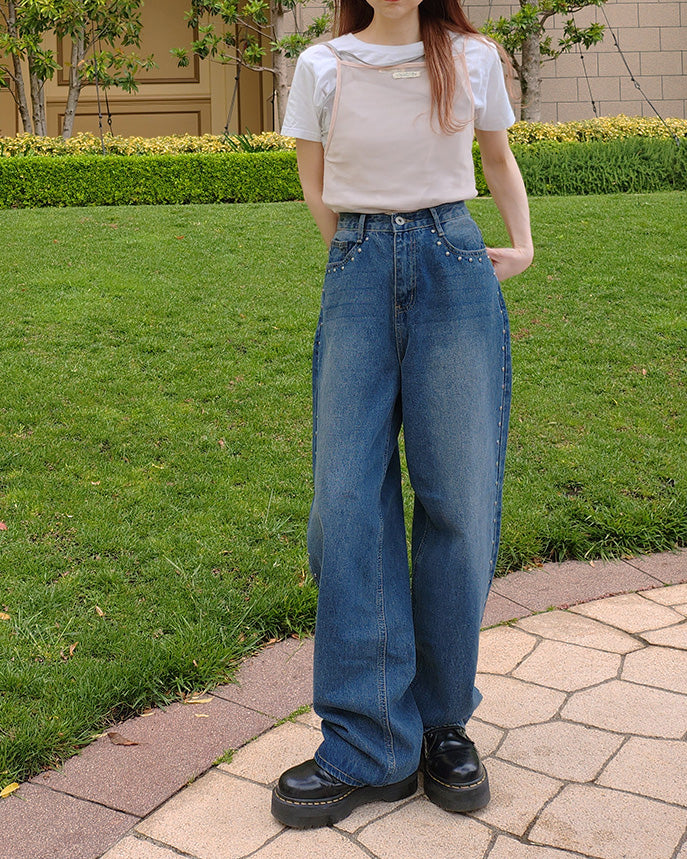 side studs wide denim