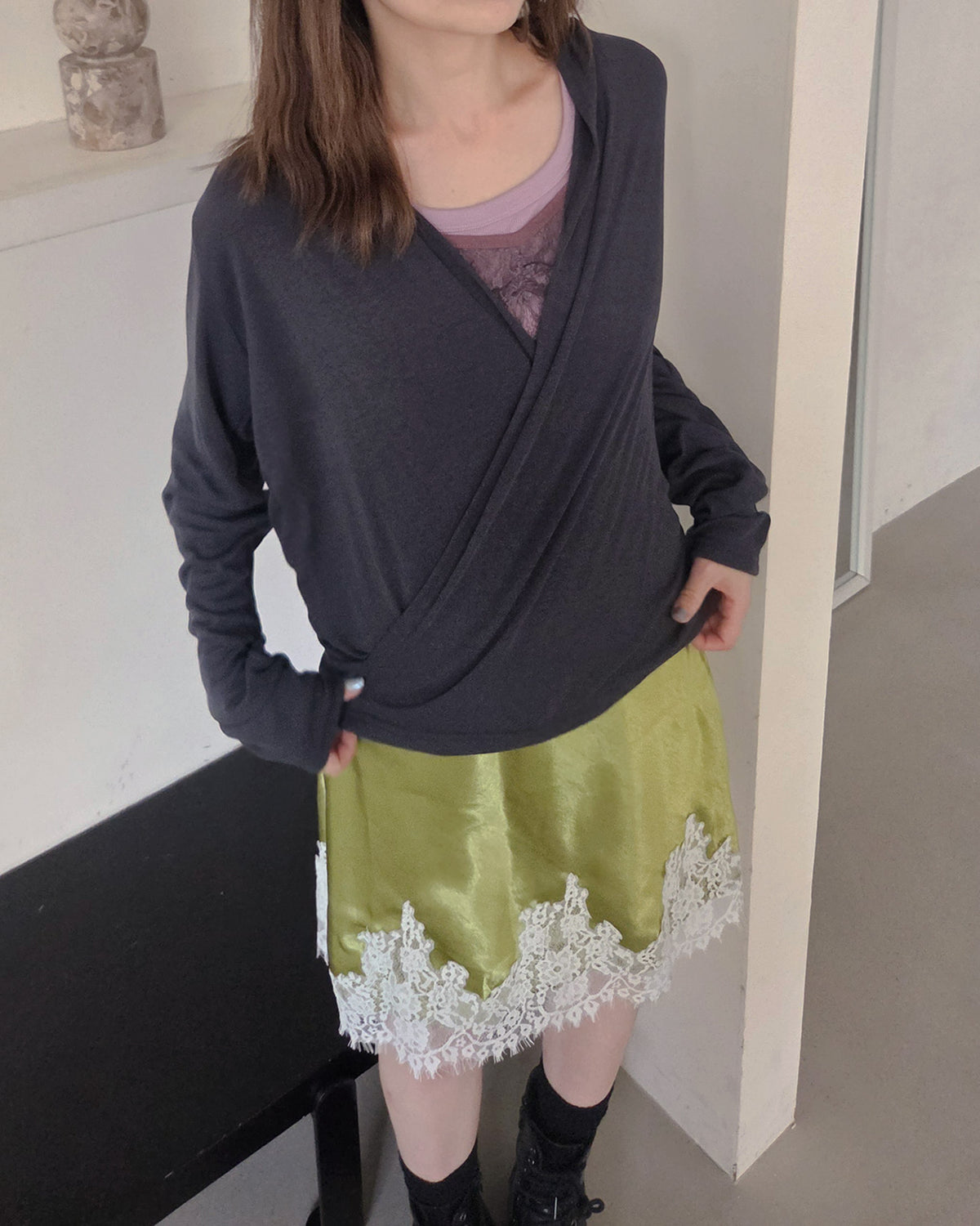 satin hem lace mini skirt