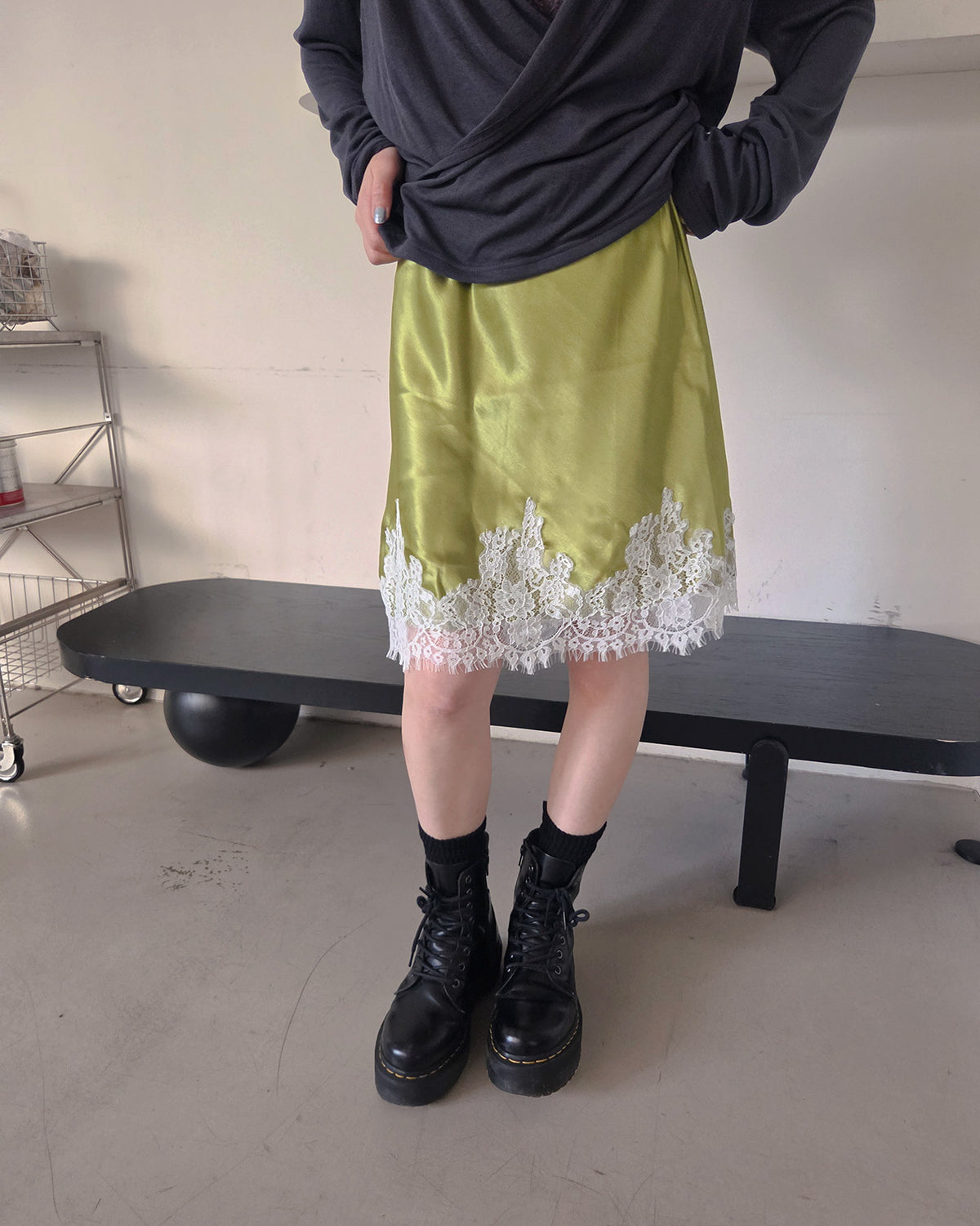 satin hem lace mini skirt