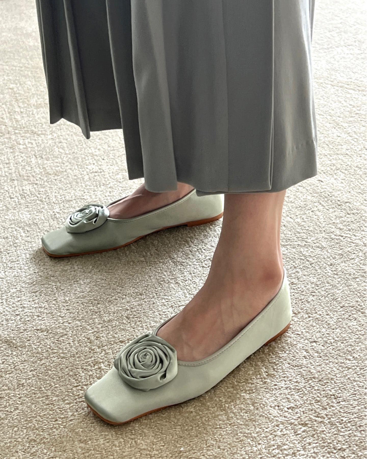 rose satin square flat shoes