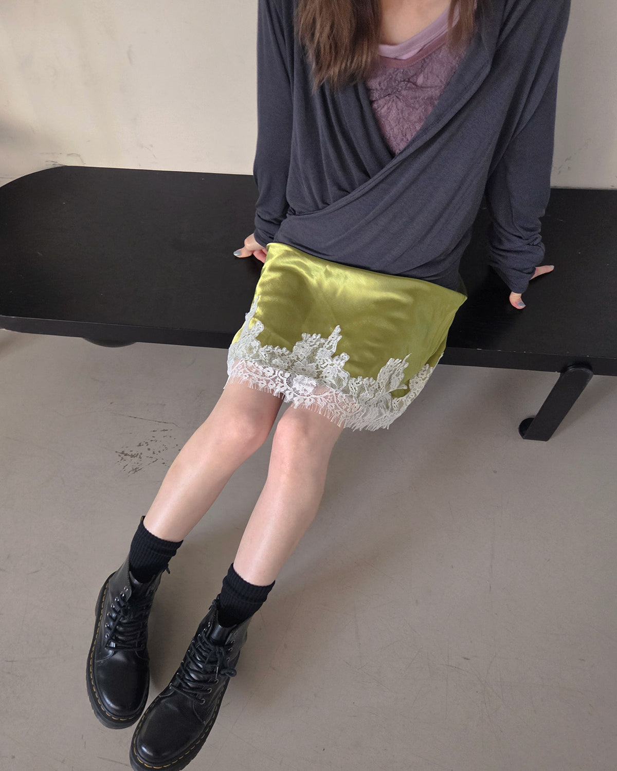 satin hem lace mini skirt
