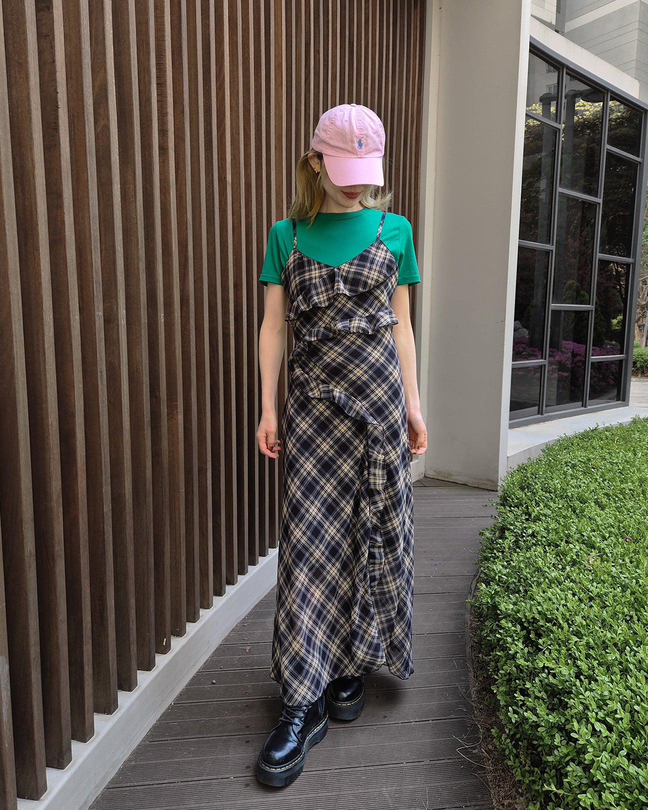 check frill long dress