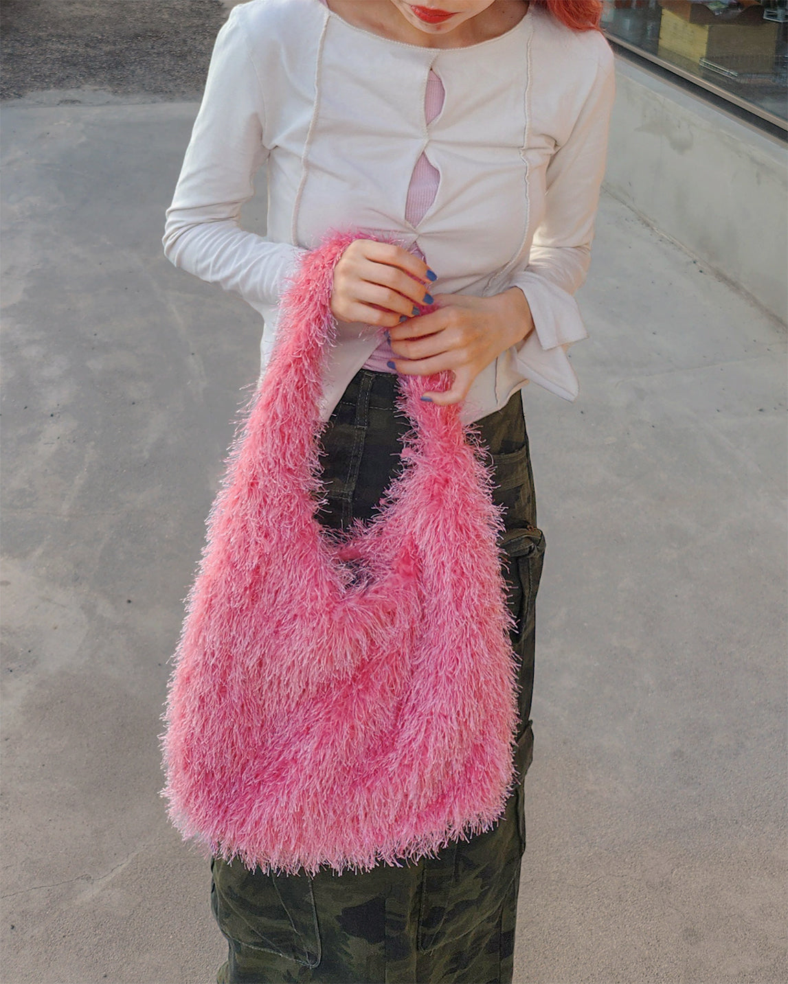 fringe fur tote bag