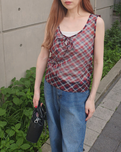 sheer check sleeve less top