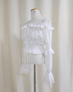 off shoulder shirring flared sleeves blouse