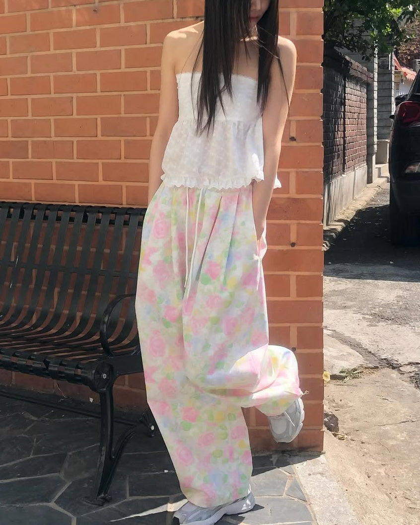 flower cotton tuck wide pants