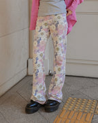 flower pattern boot cut sweat pants