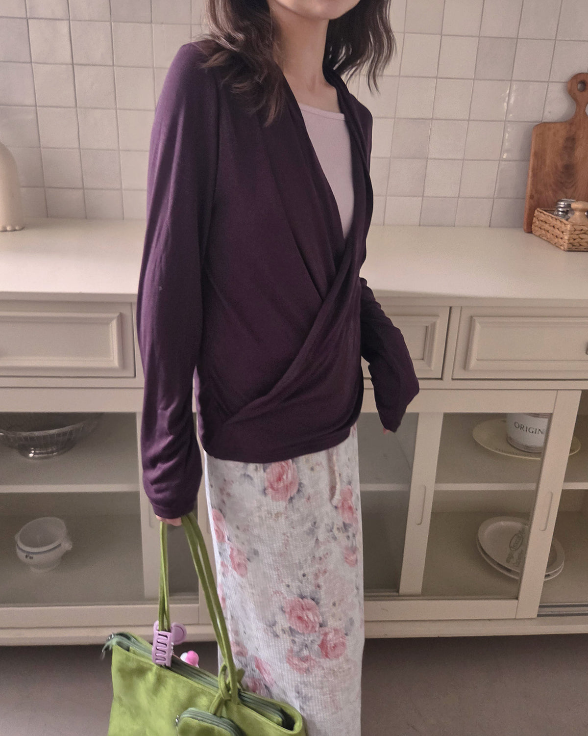 wrap drape neck long sleeve top