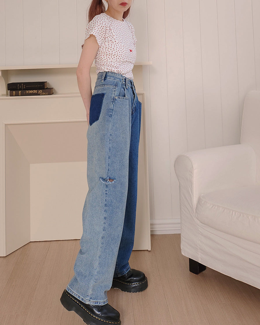 side ripped switching denim
