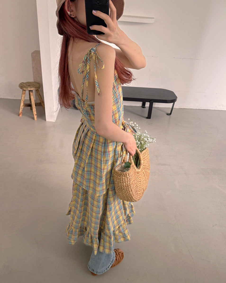 check frill belt long dress