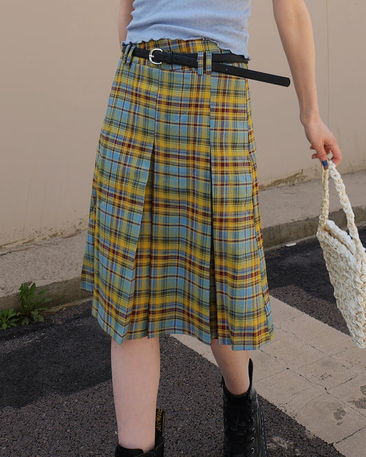 multi check low pleats middle skirt