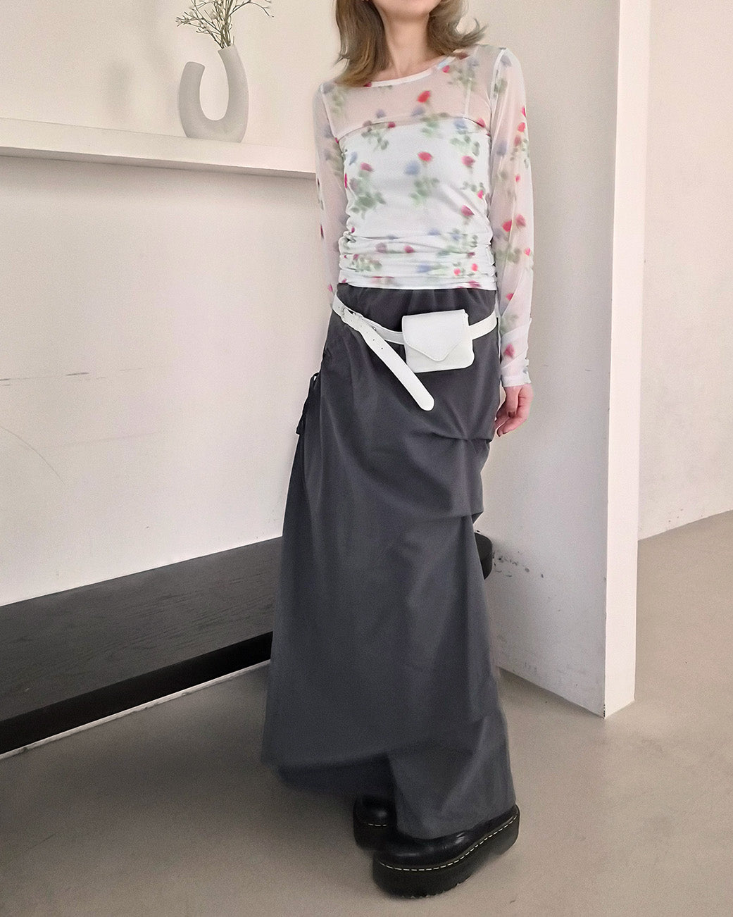 blurred flower sheer long sleeve T