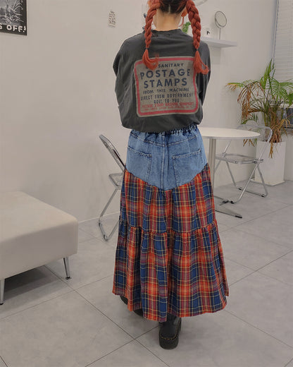 denim switching check skirt