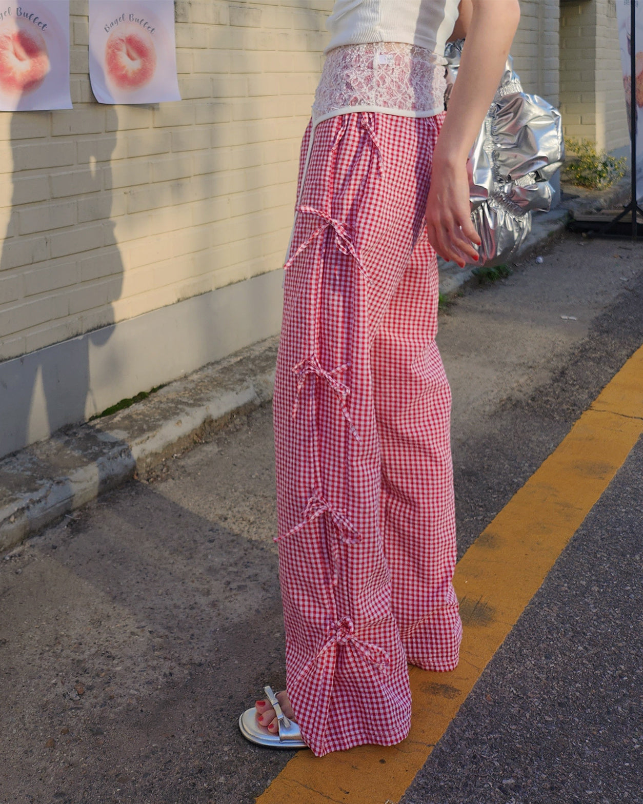 gingham check ribbon pants