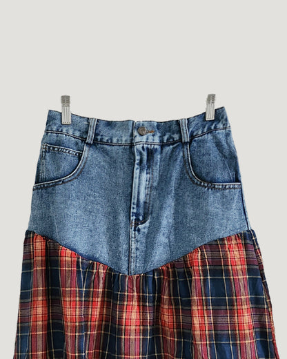 denim switching check skirt