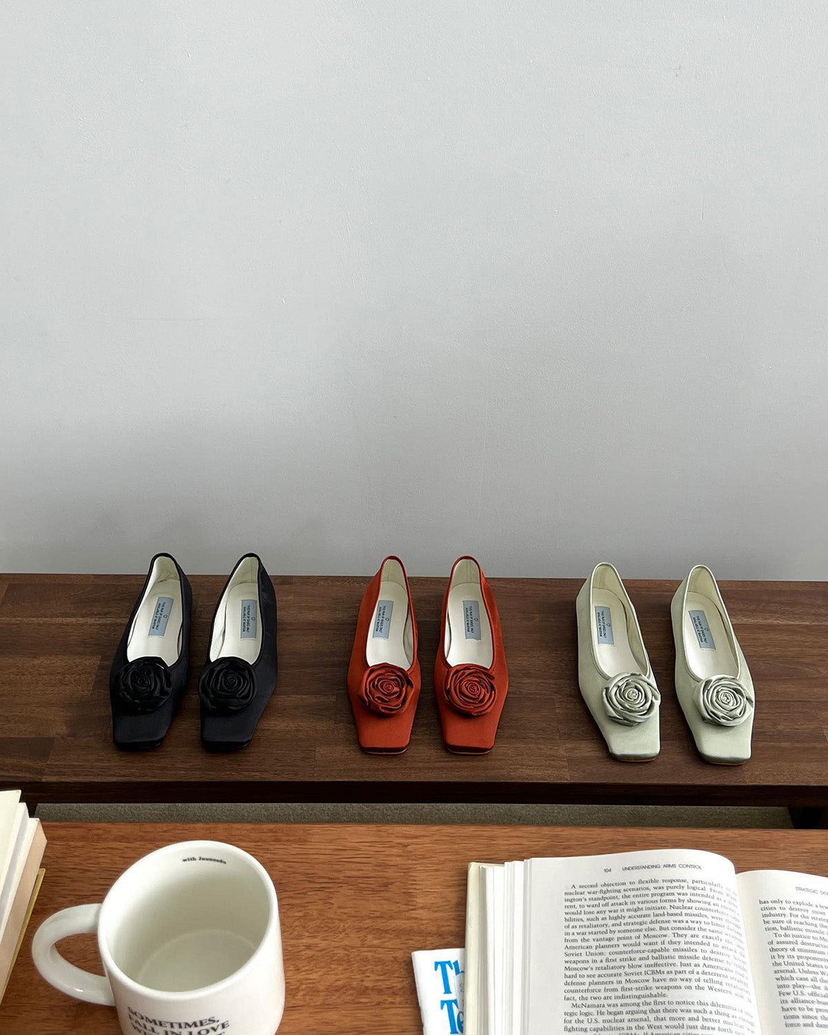 rose satin square flat shoes