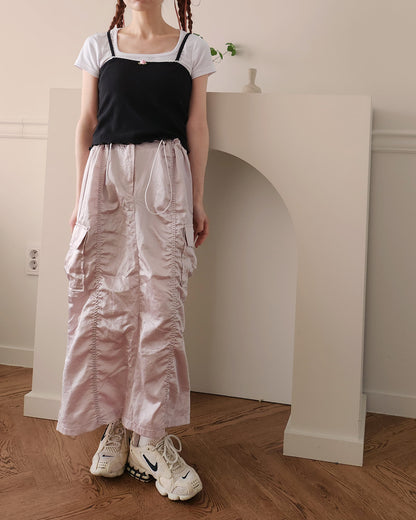 satin shirring cargo skirt