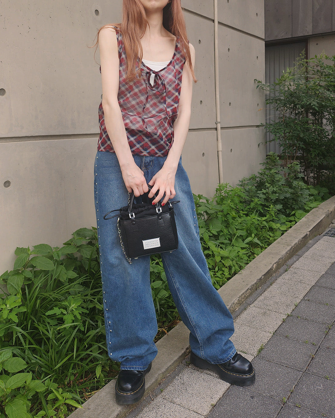 sheer check sleeve less top