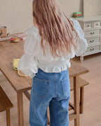 off shoulder shirring flared sleeves blouse