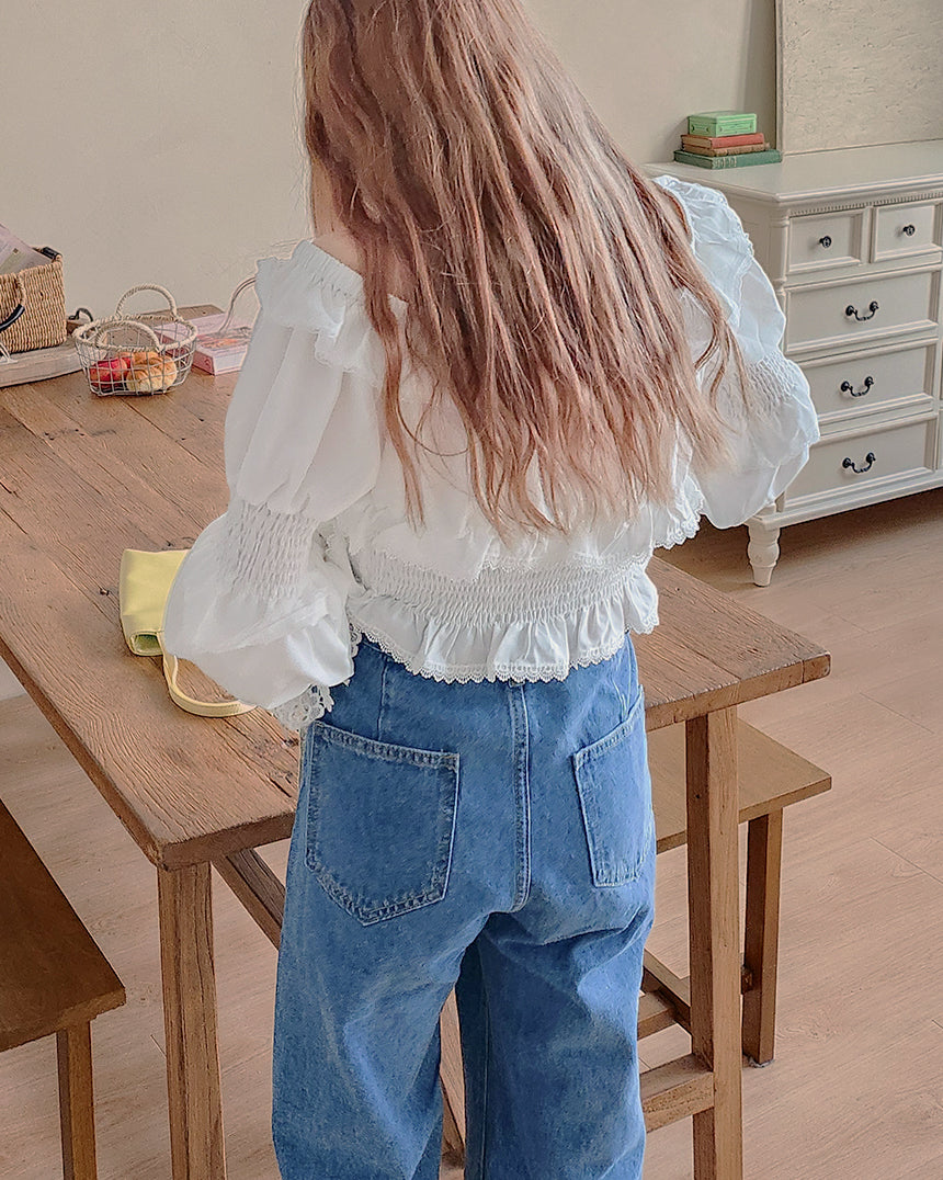 off shoulder shirring flared sleeves blouse