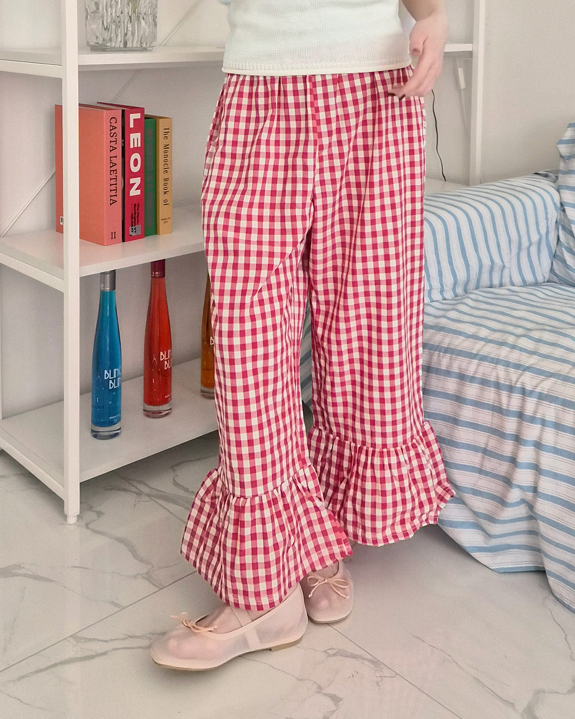 gingham check hem frill pants