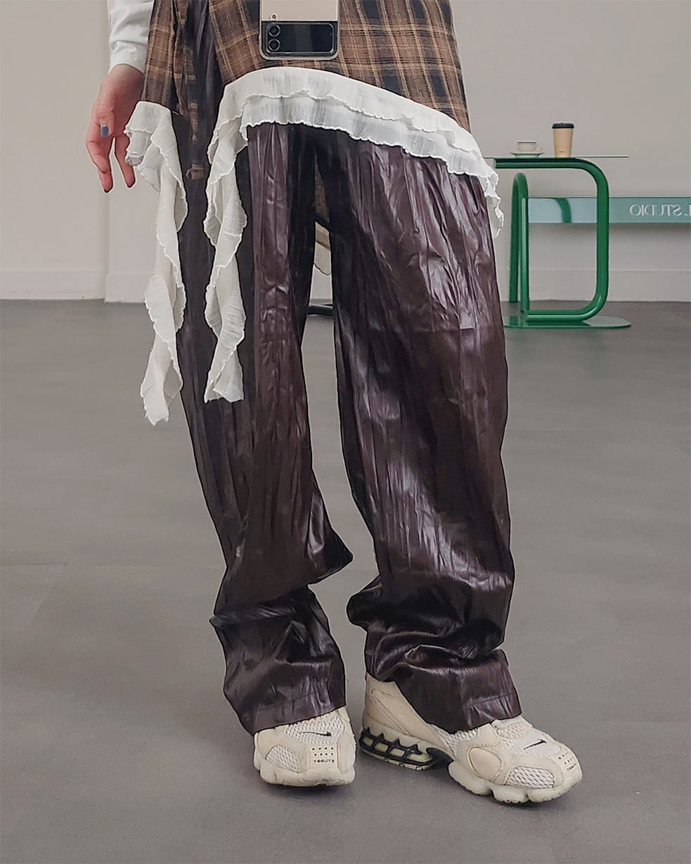 wrinkle faux leather wide pants