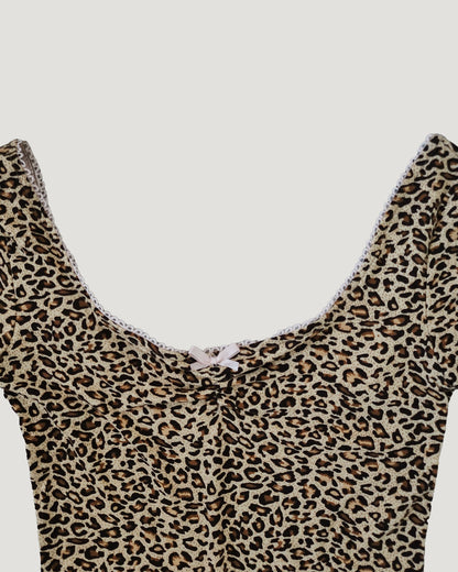 leopard lace point U neck T