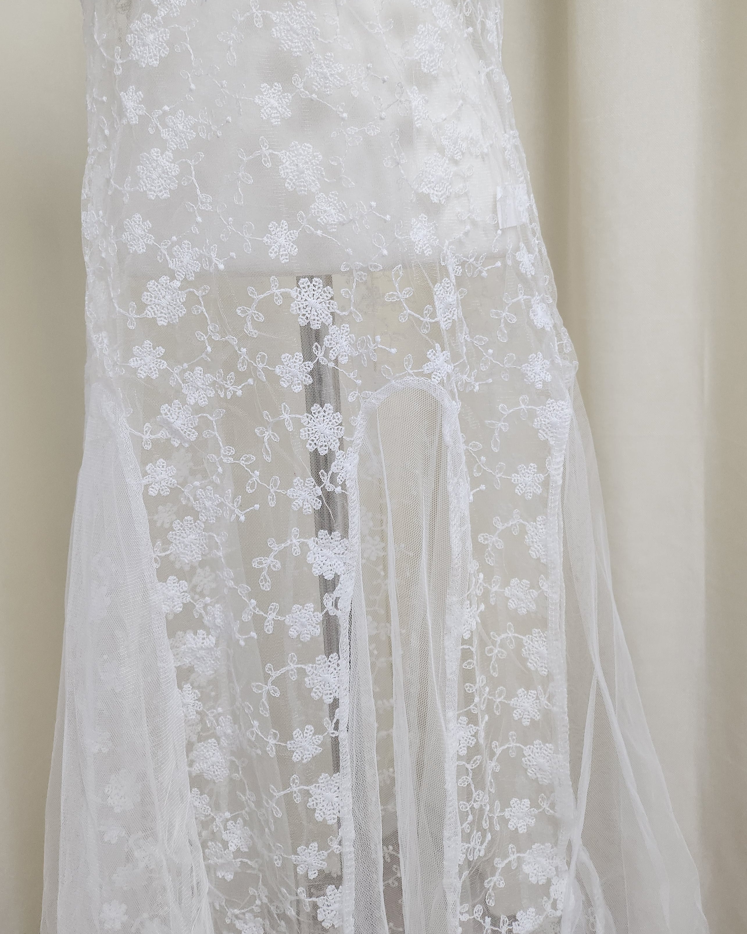 puff sleeve sheer lace long dress