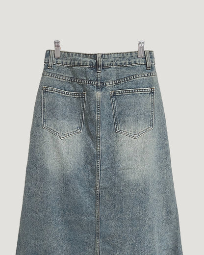 pocket fringe denim long skirt