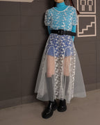 puff sleeve sheer lace long dress