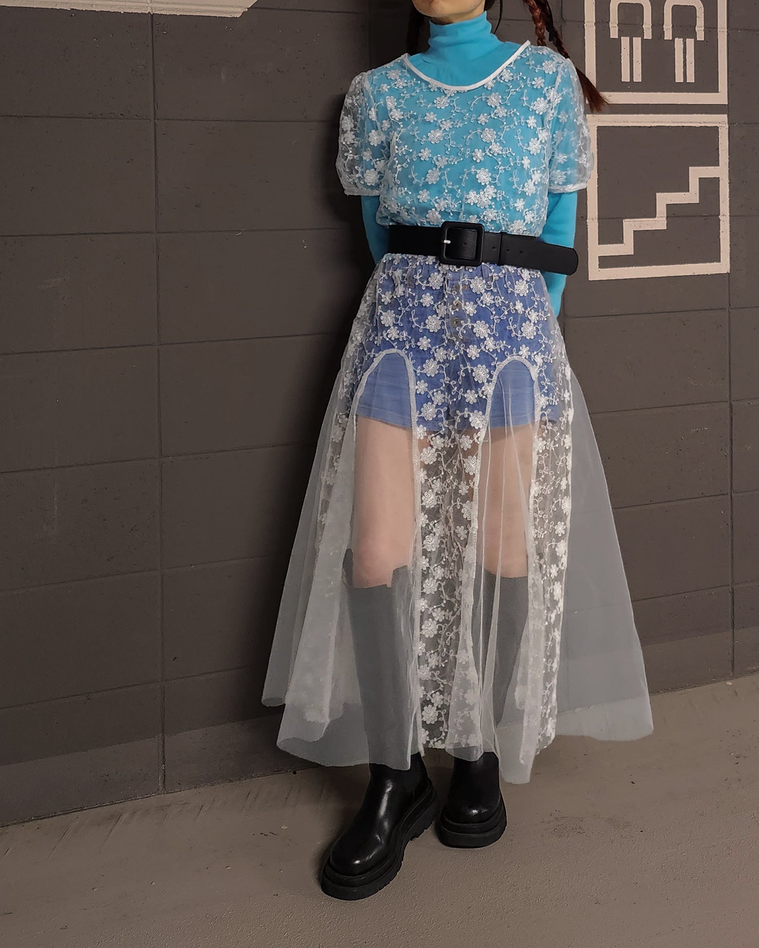 puff sleeve sheer lace long dress