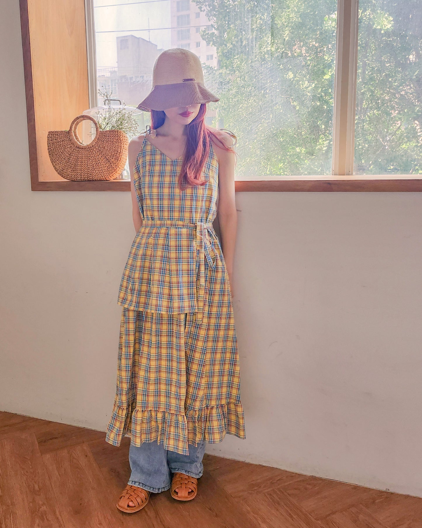 check frill belt long dress