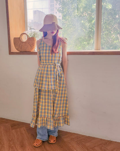 check frill belt long dress