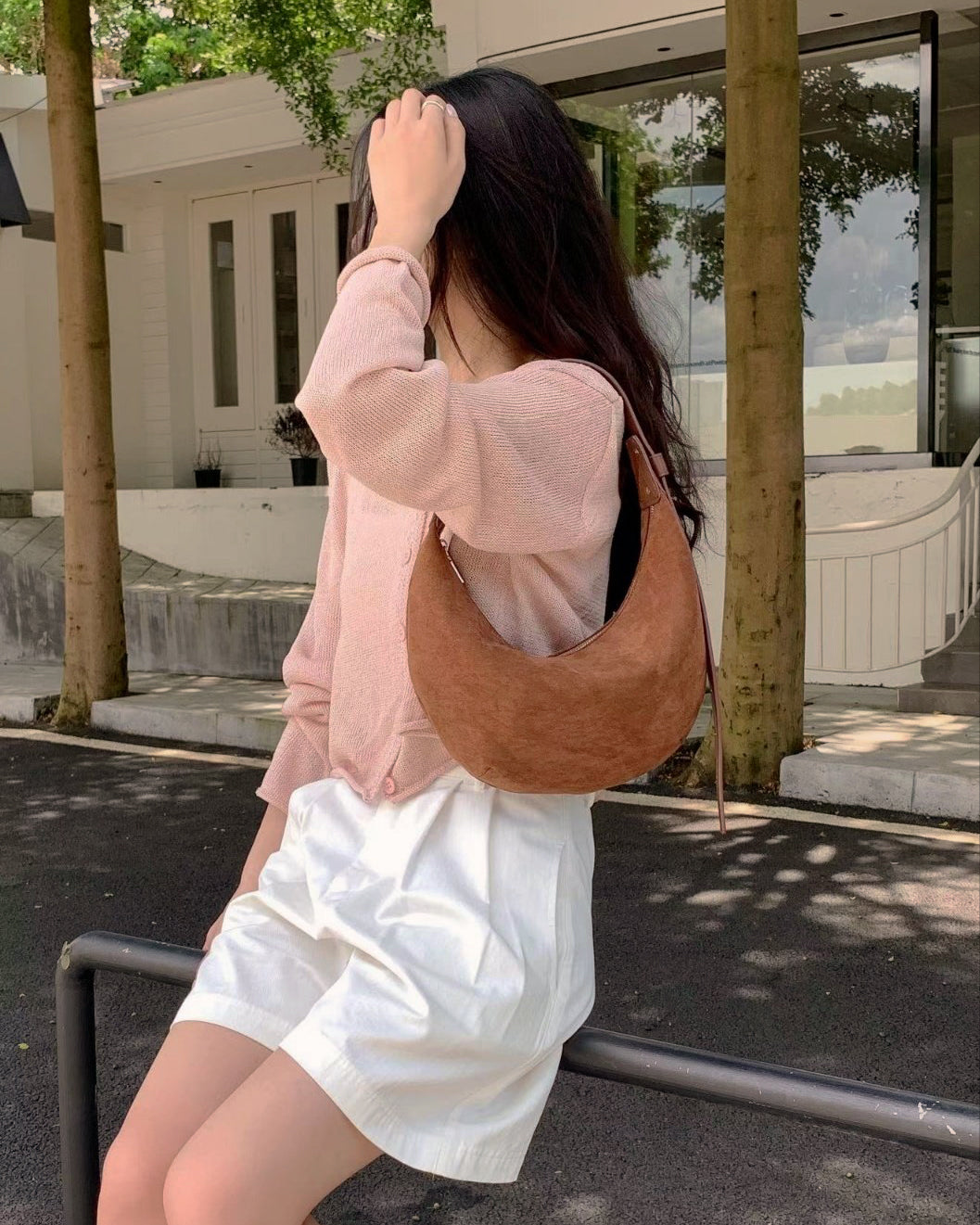 faux suede half moon bag
