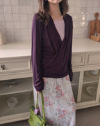 wrap drape neck long sleeve top