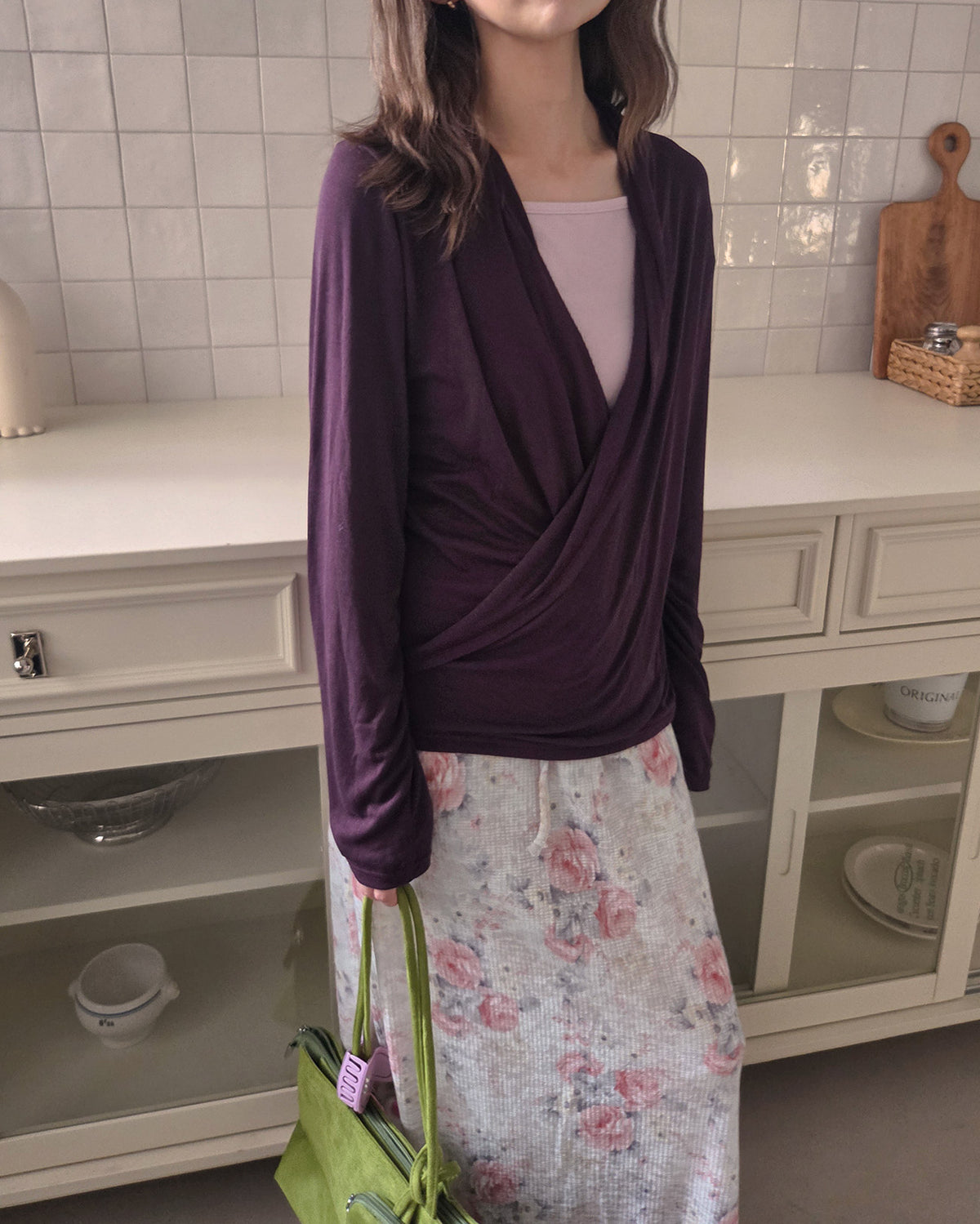 wrap drape neck long sleeve top