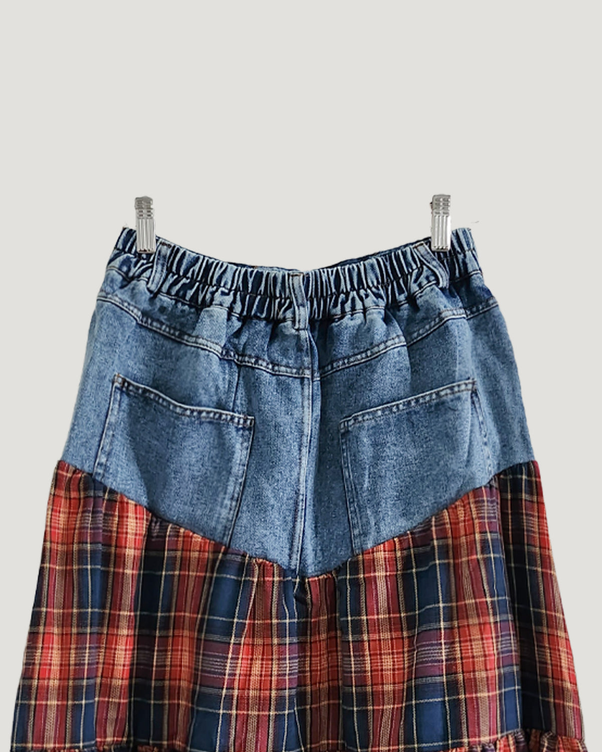 denim switching check skirt