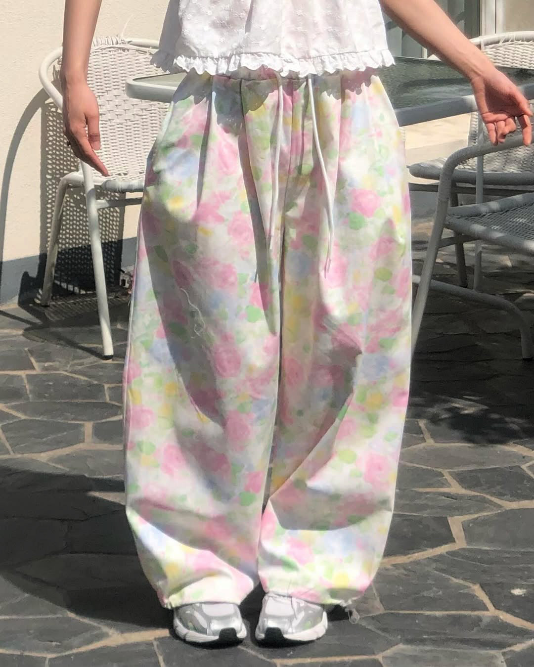 flower cotton tuck wide pants