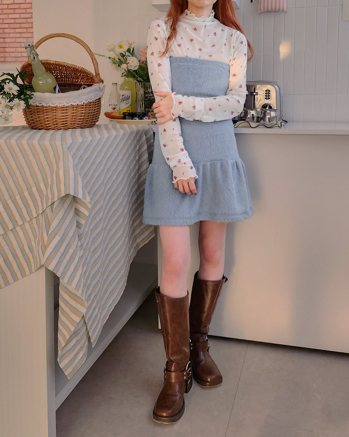 fur back ribbon mini dress