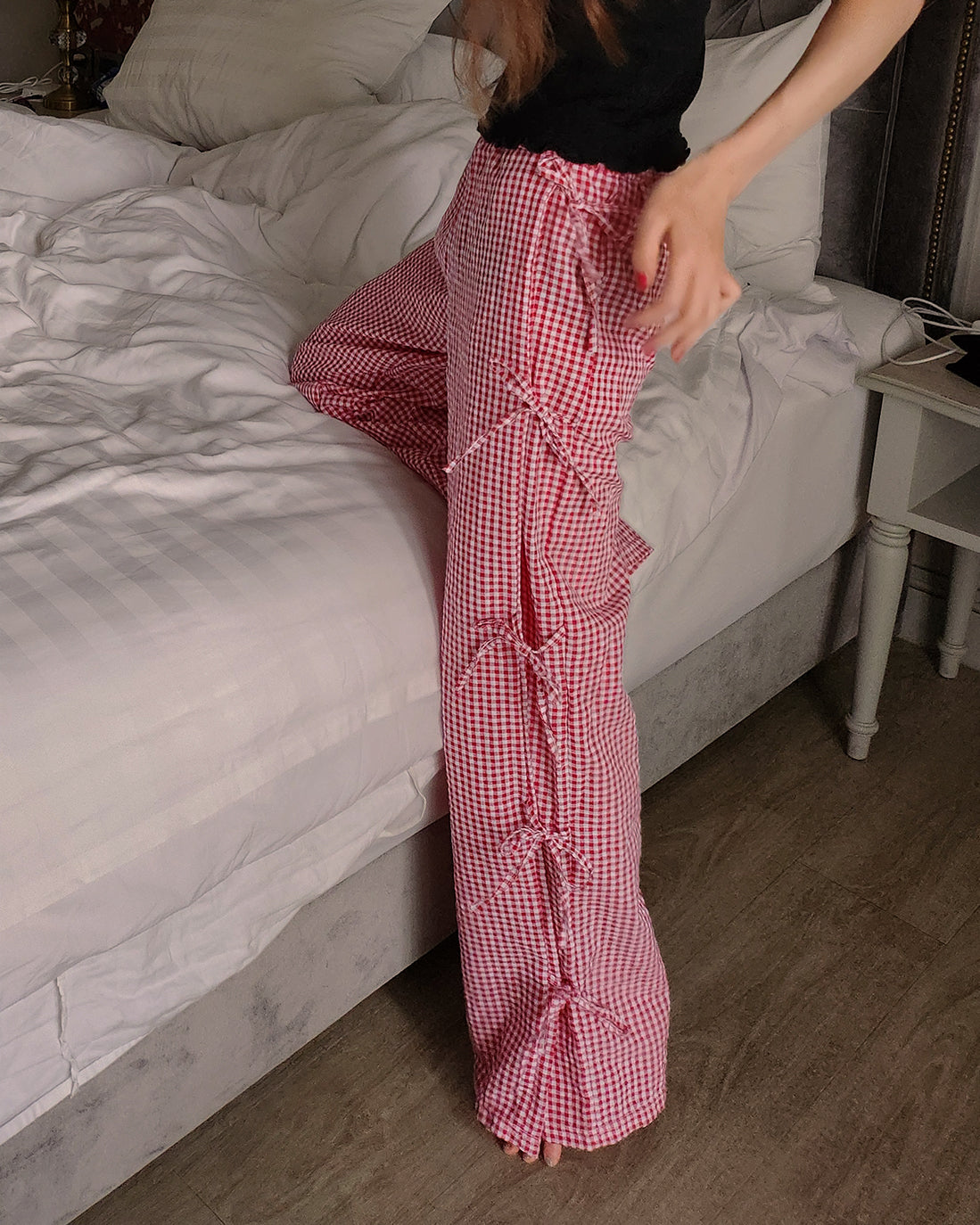 gingham check ribbon pants