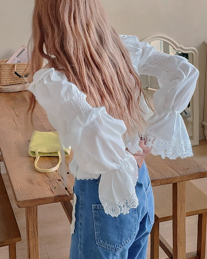 off shoulder shirring flared sleeves blouse