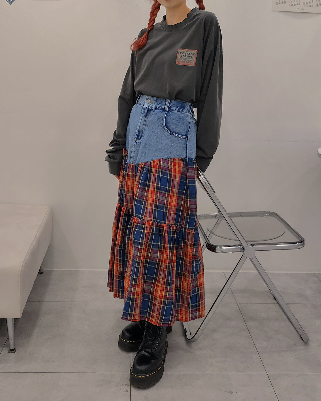 denim switching check skirt