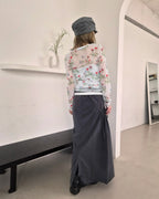 blurred flower sheer long sleeve T